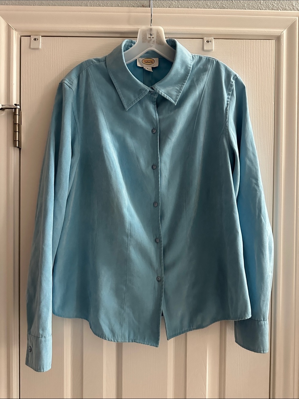 Talbots Y2K Baby Blue Faux Suede Button Down Shirt L Soft Classic Preppy Grandma